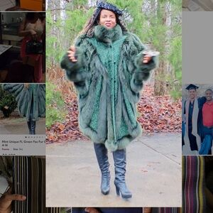 Mint Unique Designer full length Green Fox fur trim jacket , Coat  S-L